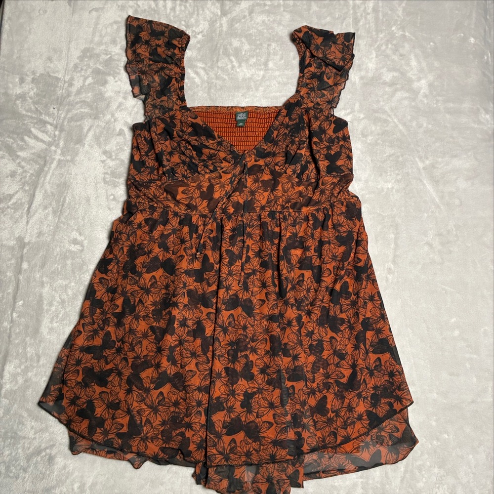 Wild Fable Butterfly Print Smocked Back Ruffle Sleeve Babydoll Top Orange XXL